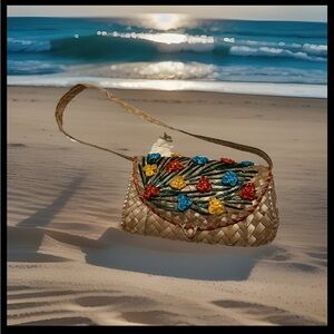 VTG Bohemian BAHAMAS TROPICAL colorful woven floral Purse W/raffia embellishment